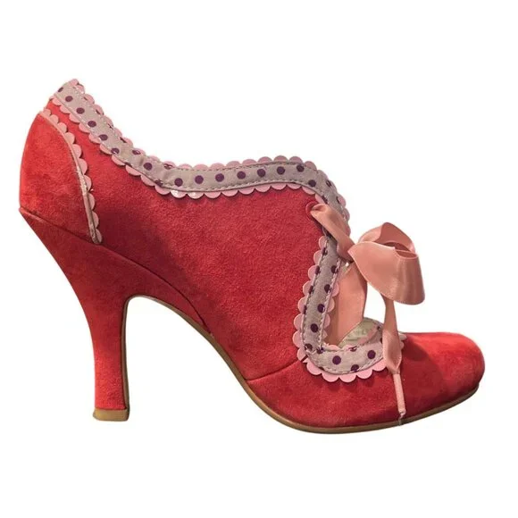 Poetic Licence London Lace Trim Red Suede Heels Pink-Bow Art Size EU 38 / US 7 - Picture 3 of 9
